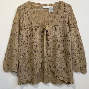 VTG White Stag Tan Crochet Tie Front Cardigan Open Knit Sz XL Y2K Boho Hippie